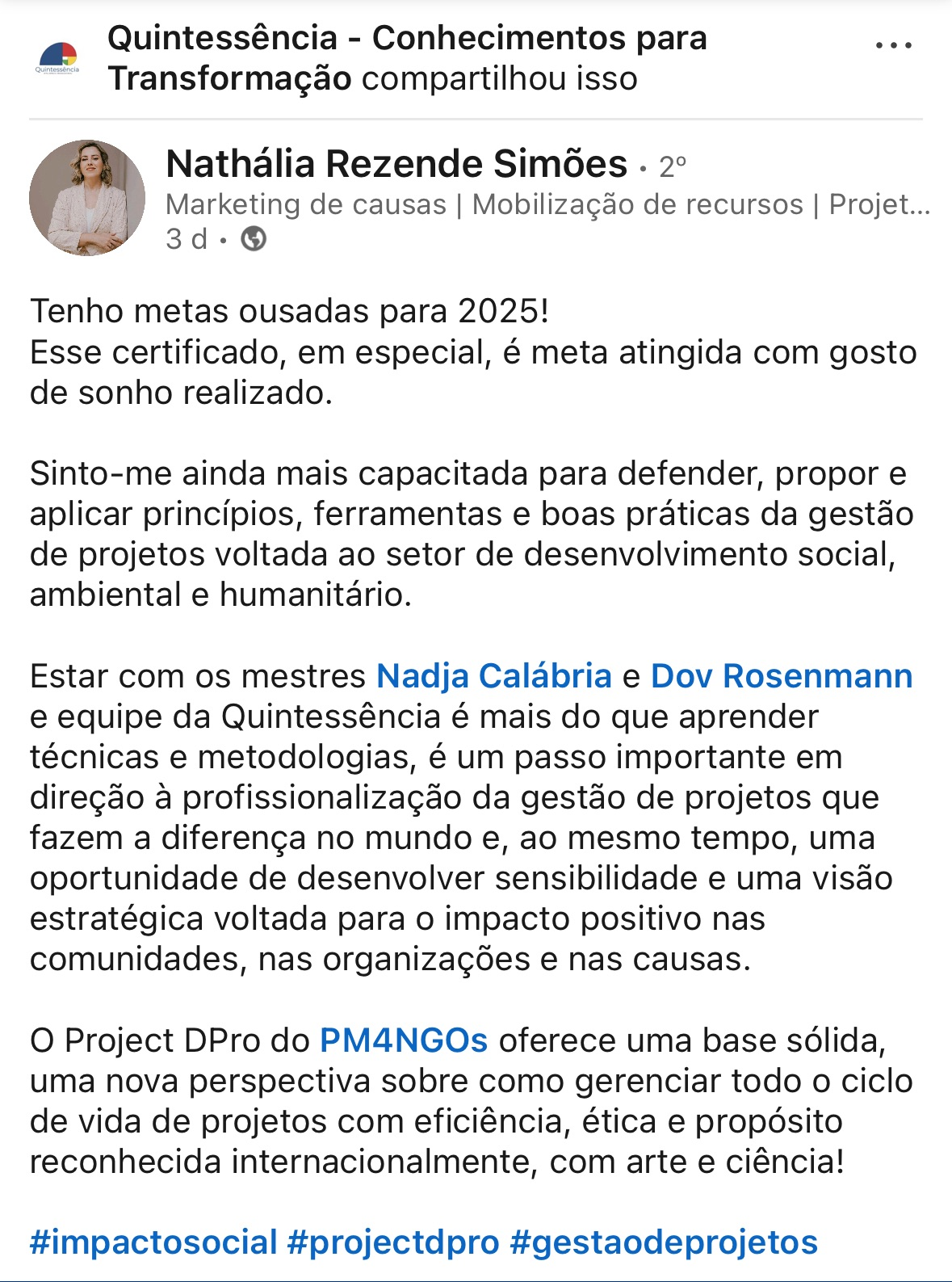 Depoimento sobre o curso Project DPro — Quintessência