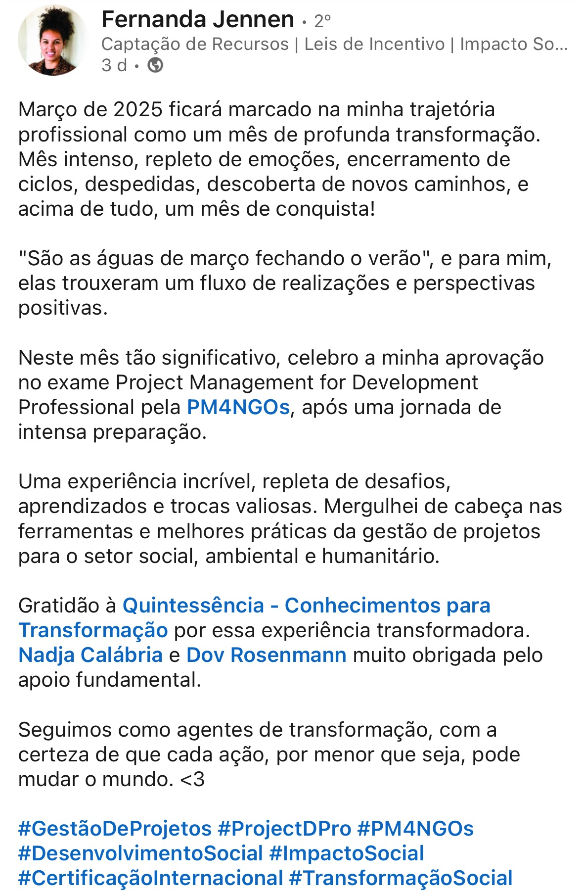 Depoimento sobre o curso Project DPro — Quintessência