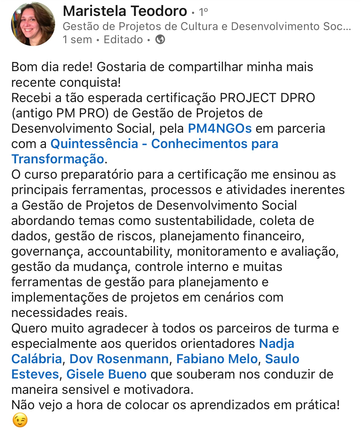 Depoimento sobre o curso Project DPro — Quintessência