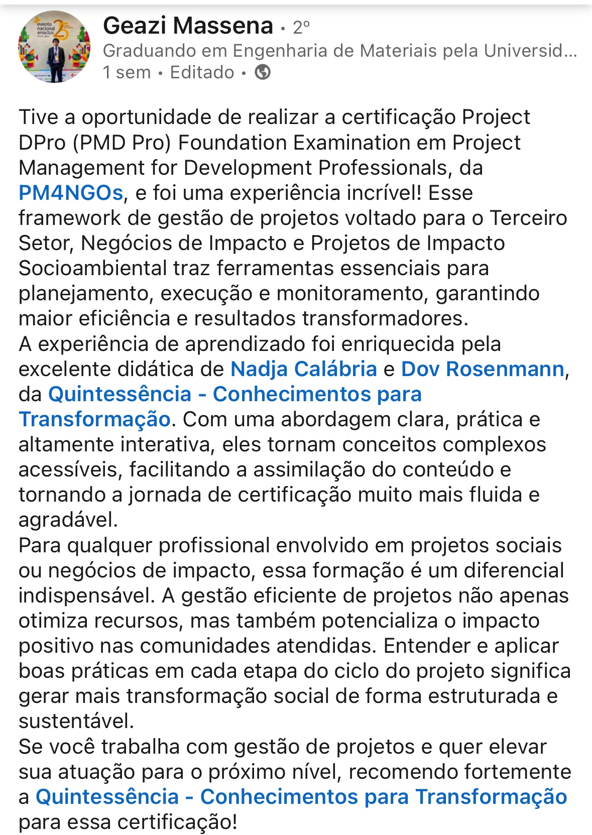 Depoimento sobre o curso Project DPro — Quintessência