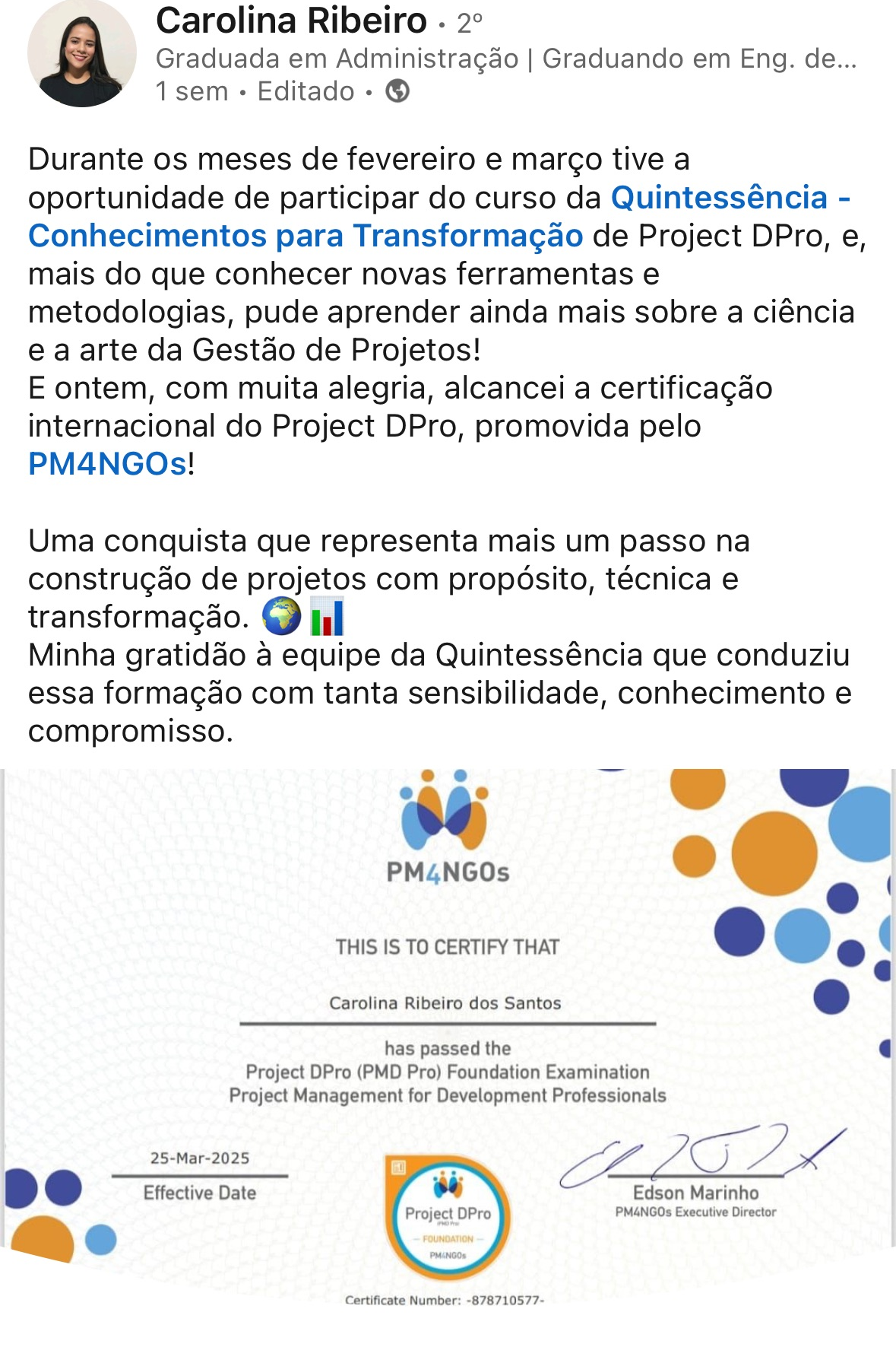 Depoimento sobre o curso Project DPro — Quintessência