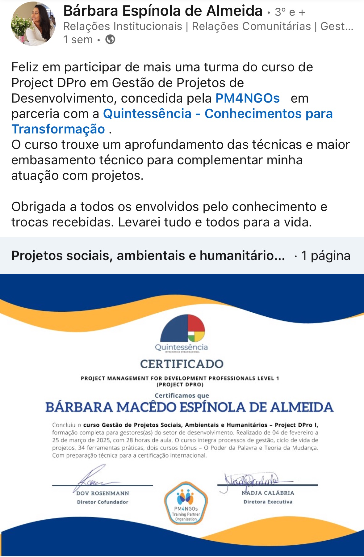 Depoimento sobre o curso Project DPro — Quintessência