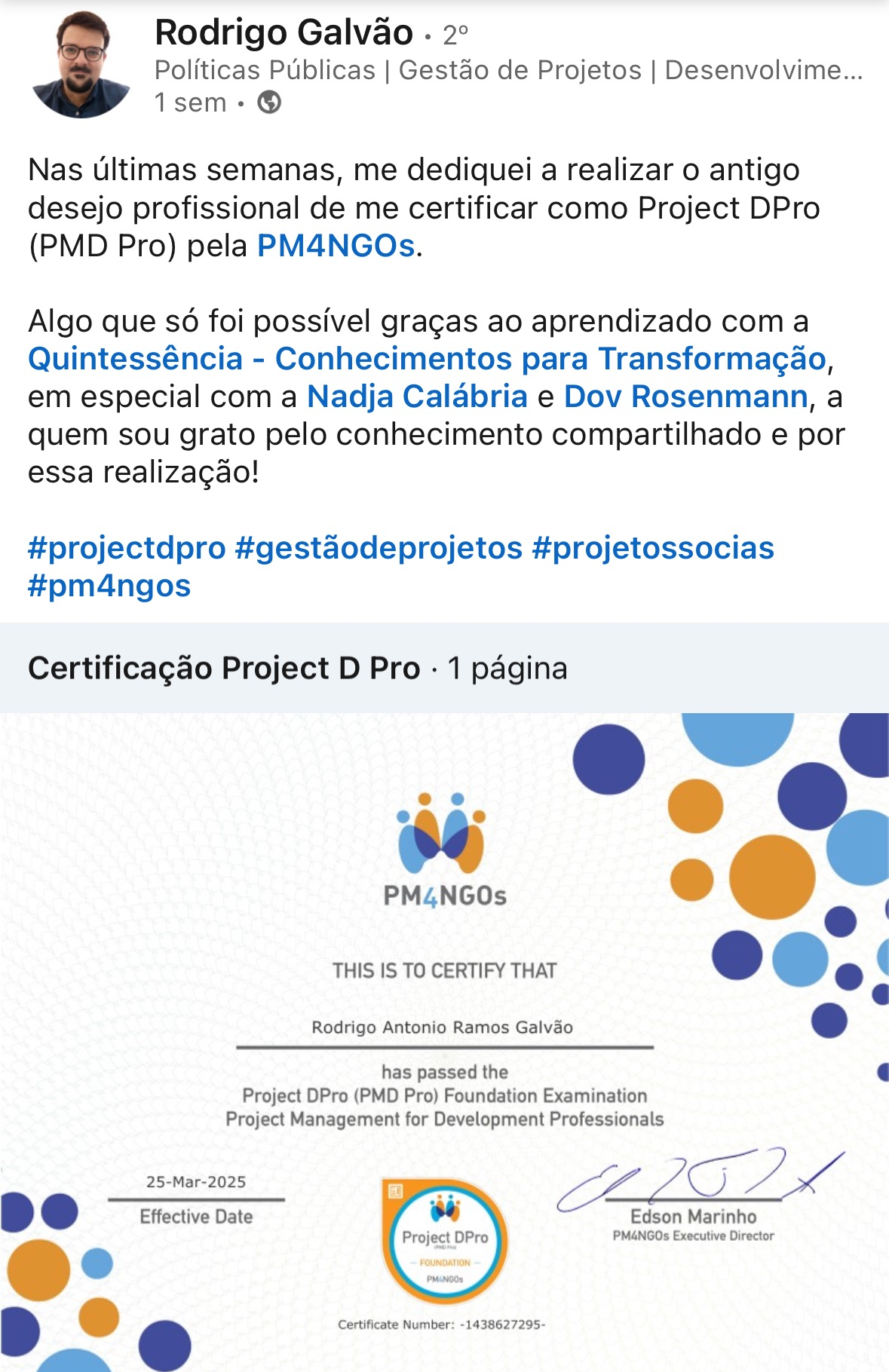 Depoimento sobre o curso Project DPro — Quintessência